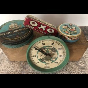 Lot of 3 Vintage Tins & Thermometer